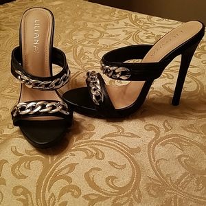 Liliana black high heel shoes with sliver chains.